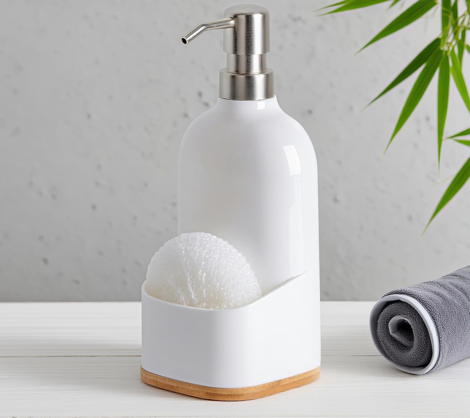 Clasin Home Kitchen Soap Dispenser with Sponge Holder, Refillable Acrylic Dish Soap Dispenser 17oz for Kitchen Sink and Bathroom, Anti Slip, Countertop Home Decor (White)