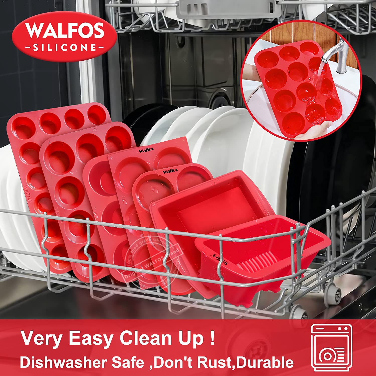 Walfos Set di 2 padelle per muffin in silicone Texas, 6 tazze in silicone jumbo per cupcake in silicone, in silicone antiaderente, senza BPA e lavabile in lavastoviglie, set da 2