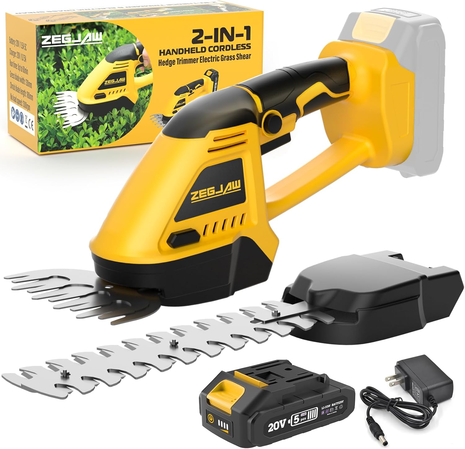 20V Cordless Grass Shear & Shrubbery Trimmer 2-in-1 Handheld Hedge Trimmer with 2.0Ah Battery and Fast Charger, Small Electric Bush Trimmer for Garden, Yard, Lawn Maintenance