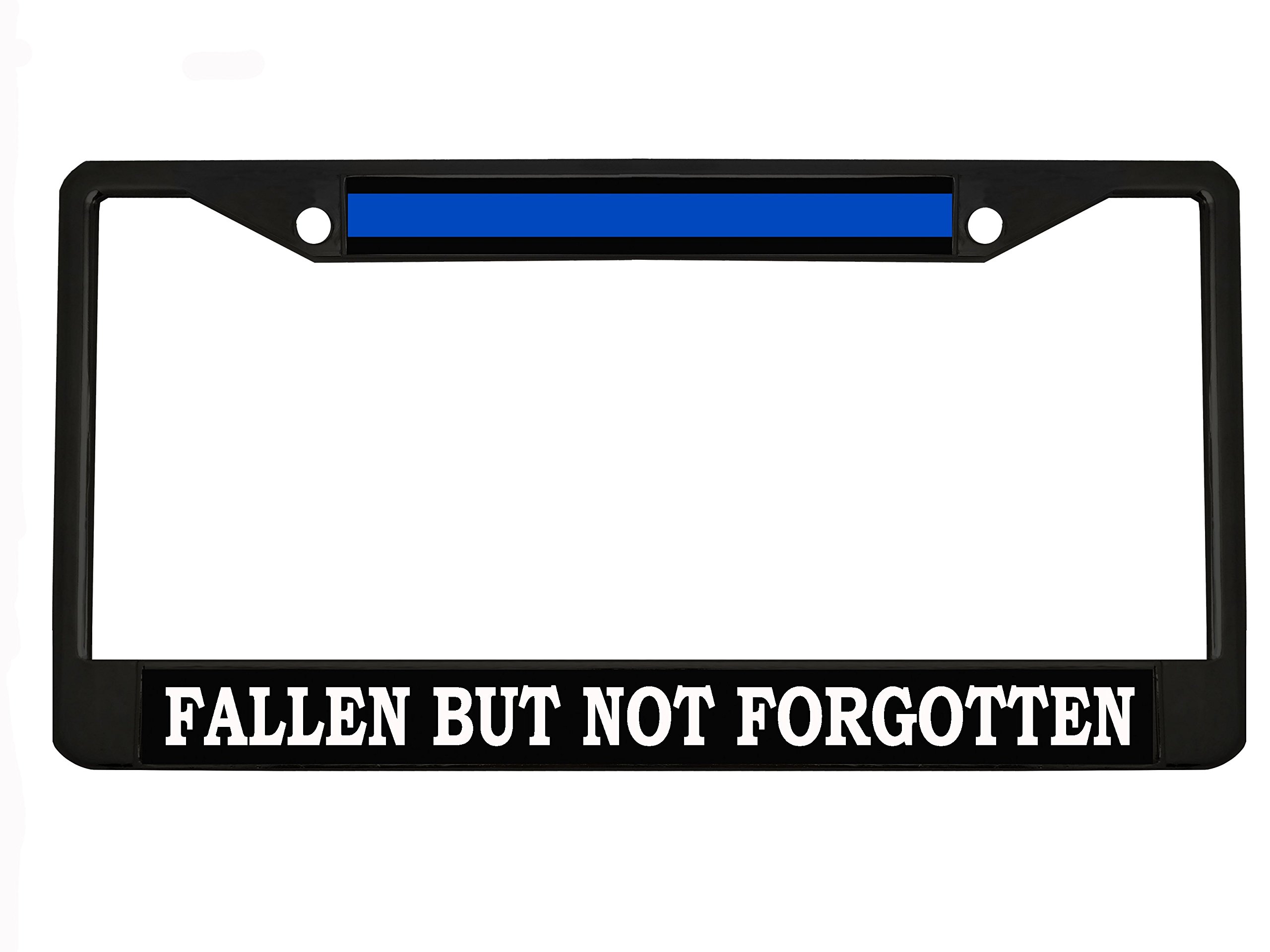 Fallen But Not Forgotten - Thin Blue Line Police Heavy Metal License Plate Frame Tag Chrome/Black (Black/Black/White)