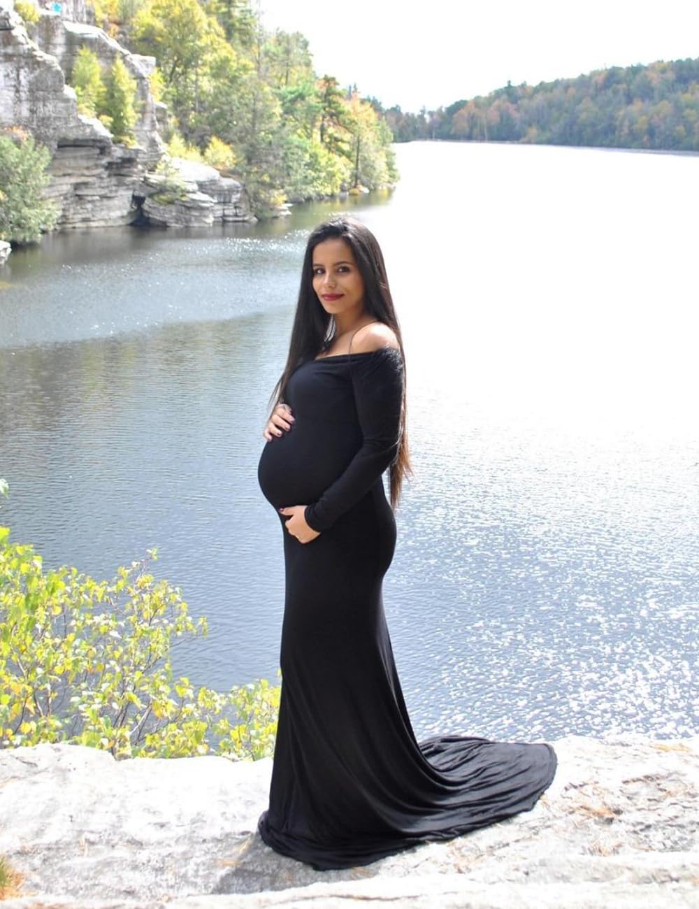 VSNOW Maternity Elegant Fitted Maternity Gown Long Sleeve Slim Fit Maxi Photography Dress for Photoshoot Pregnant Dress