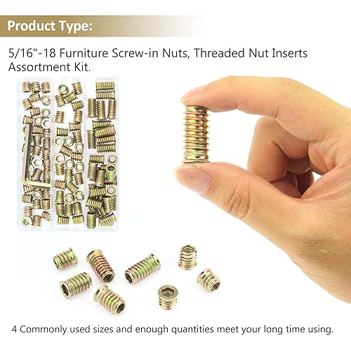 Miniatura 116 de Insertos roscados de 5/16"-0.709 x 0.984 in, acero al carbono chapado en zinc, con llave hexagonal para tornillos de muebles de madera, 26 piezas