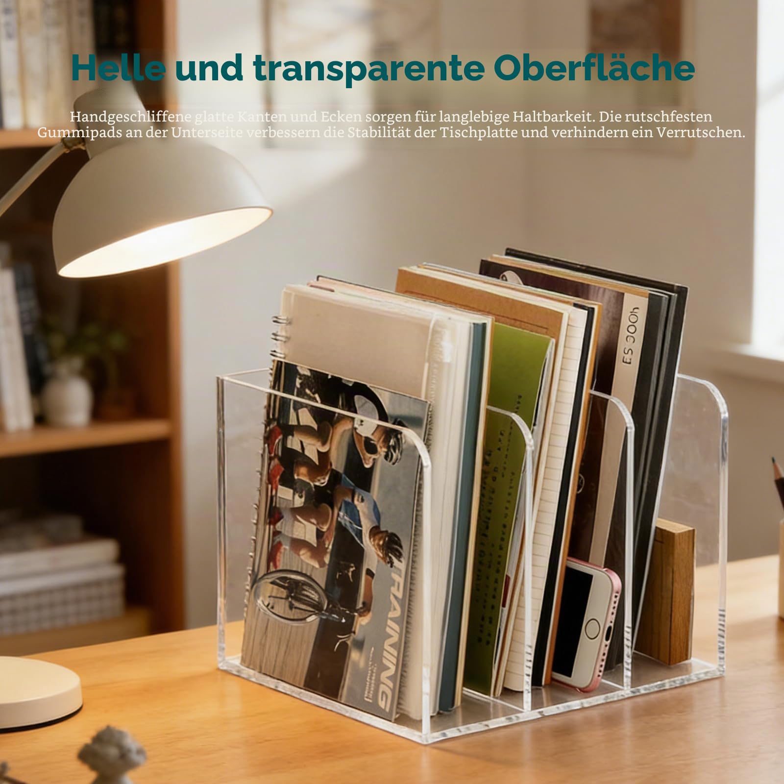 Acryl Zeitschriftensammler, Transparenter Stehsammler Zeitschriftenständer mit 4 Fächer Magazinhalter für Schreibtisch Post Dokumenten Buch Organizer (21 x 18,5 x 16 cm)