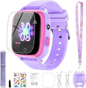 ele ELEOPTION 4G Smart Watch for Kids Ages 4-12 Kids Watch Support 2 Way Call, SOS Alerts, Parental Controls, Games, Camera, Alarm, Music Childrens Waterproof Smartwatch Calling Gift Purple
