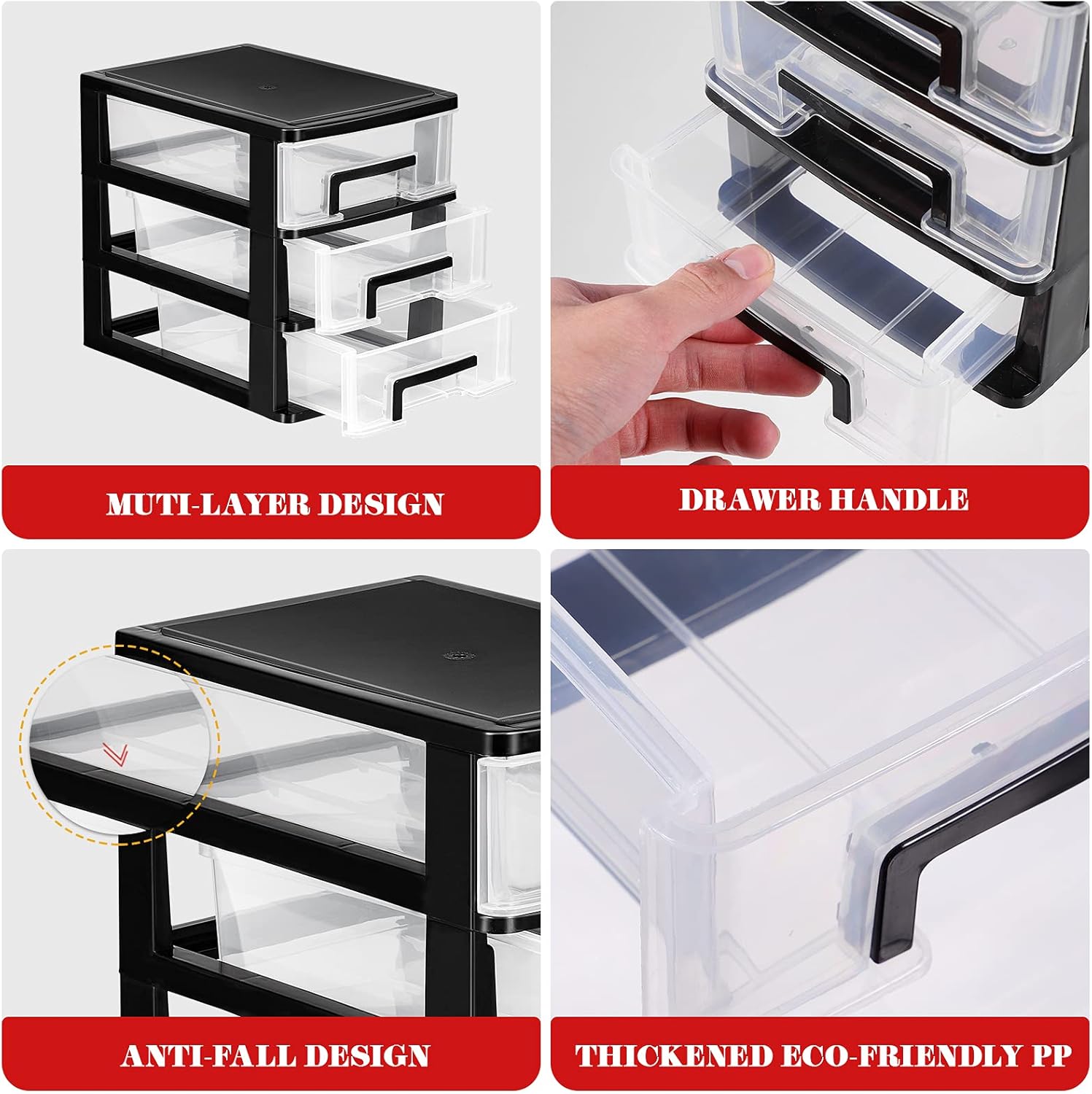 BESPORTBLE Three-Layer Storage Rack Organizer Furniture Plastic Drawer Type Closet Storage Cabinet Multifunction (Black and Transparent)