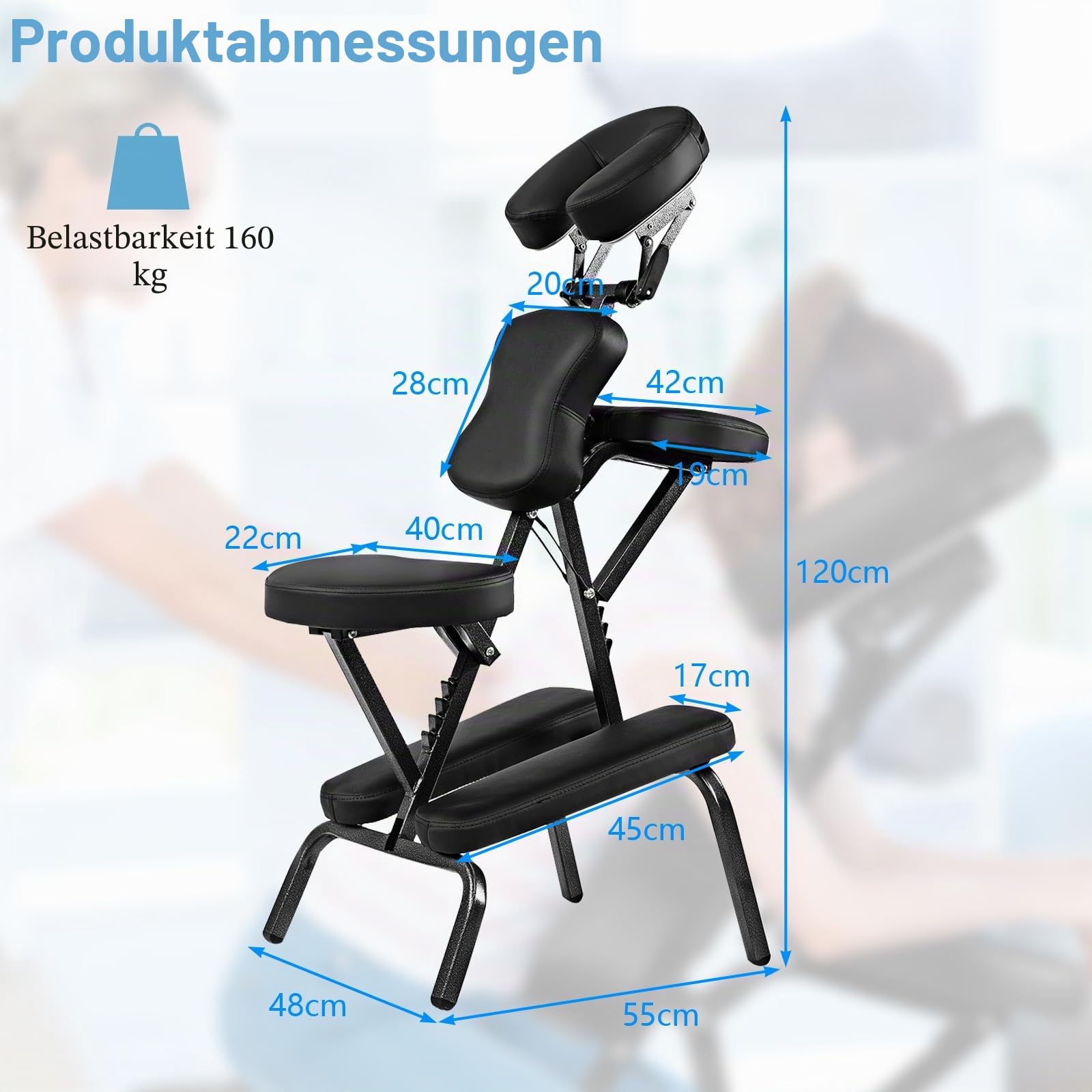 HOMASIS Faltbarer Massagesessel, Massagestuhl 110-120 cm höhenverstellbar, Oxford-Stoff, 55 x 48 x 120 cm Schwarz