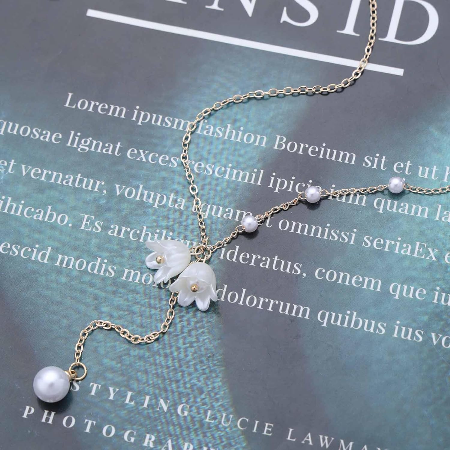 Bohemian Tulip Pearl Y Drop Necklace White Tulip Flower Pendant Necklace Round Pearl Satellite Chain Choker Necklace Small Tulip Pearl Chain Necklace Jewelry for Women Gifts - Image 4