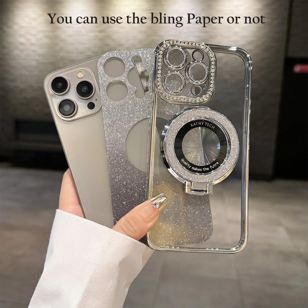 Coque magnétique pour iPhone 15 Pro Max avec béquille, [compatible avec Magsafe] Anneau de support à paillettes antichoc pour objectif d'appareil photo Coque de téléphone mignonne pour iPhone