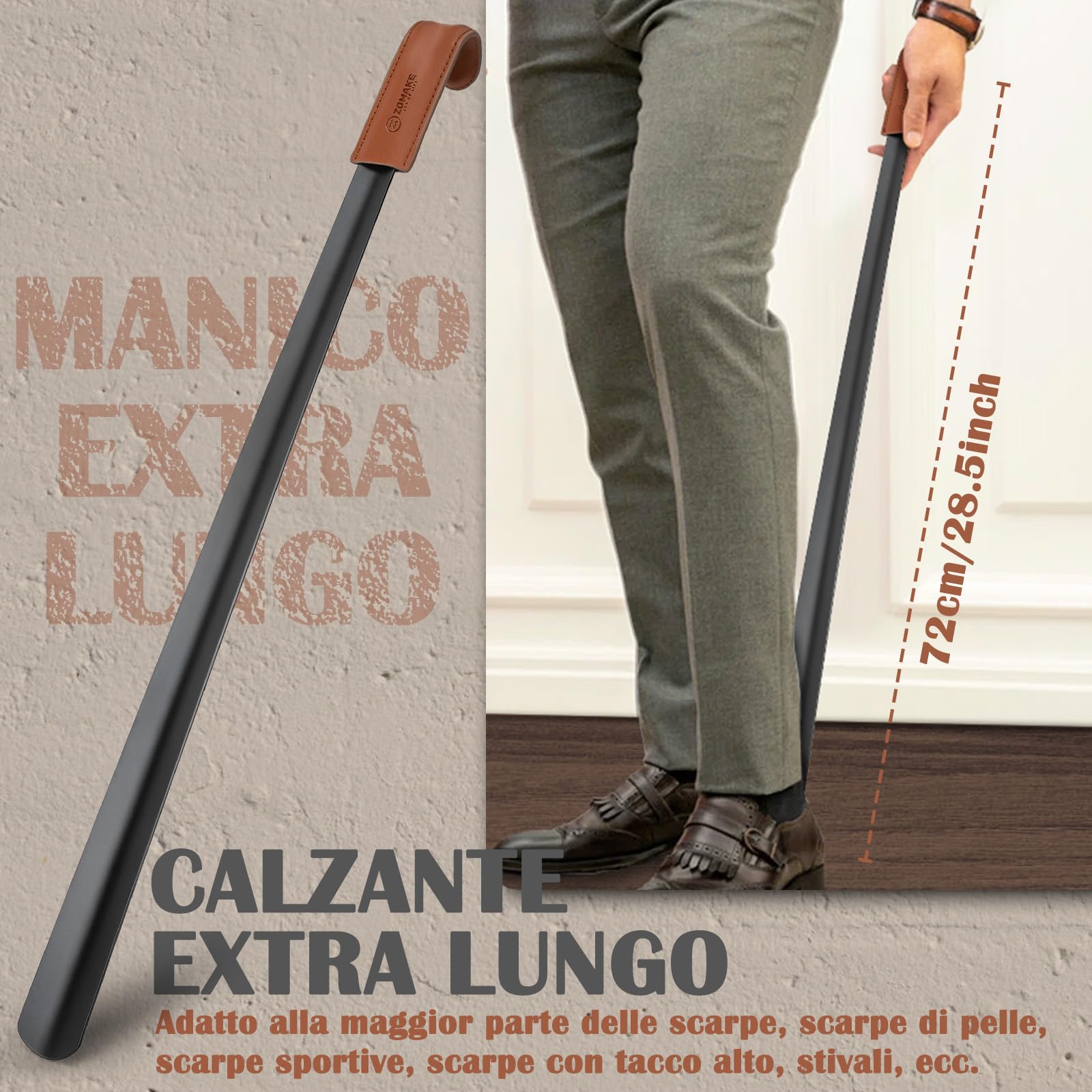 ZOMAKE Calzascarpe Lungo, Calza Scarpe Metallo Extra Lungo 72cm/80cm Calzante per Scarpe, 19cm Shoe Horn Corto per Uomini Donne Anziani