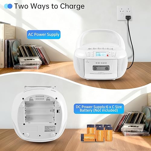 Miniatura 8 de Combo de reproductor de CD y cassette, reproductor de CD portátil Boombox con radio AMFM BluetoothAUXUSB Drive Grabación de cinta para auriculares,