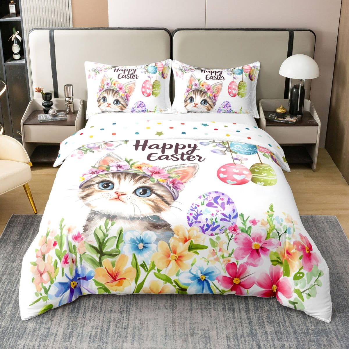 Wesołych Świąt Wielkanocnych, 100% naturalna bawełna, kołdra XL, rozmiar XL, Kawaii, zwierzęta, kwiaty, zestaw pościeli, kolory akwarelowe, pisanki wielkanocne, kwiecista narzuta na kołdrę