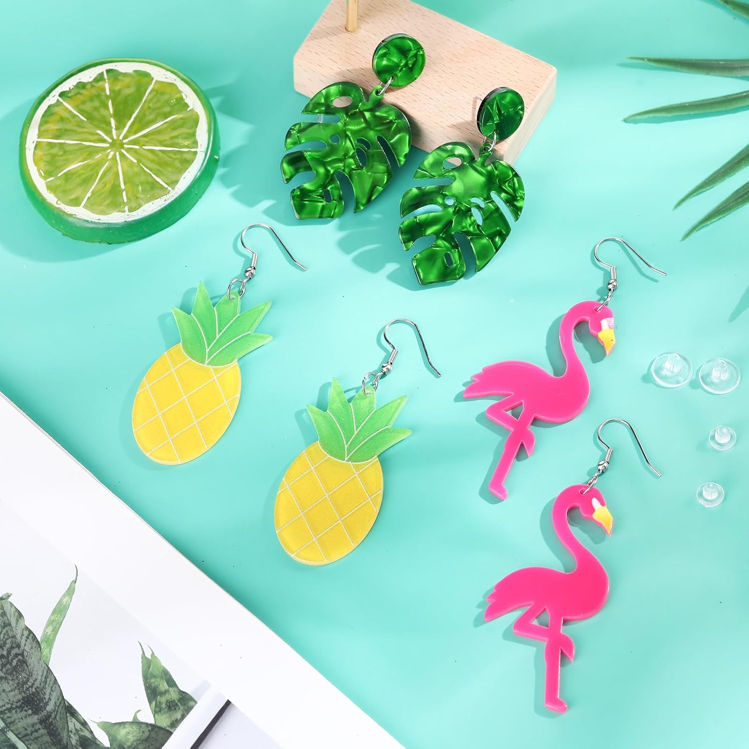 Hicarer 3 Pairs Hawaii 80s 90s Neon Earrings for Women Summer Flamingo Pineapple Palm Tree Earrings Retro Pendant Acrylic Drop Dangle for 80's Outfit Glow Party Accessories - Image 5