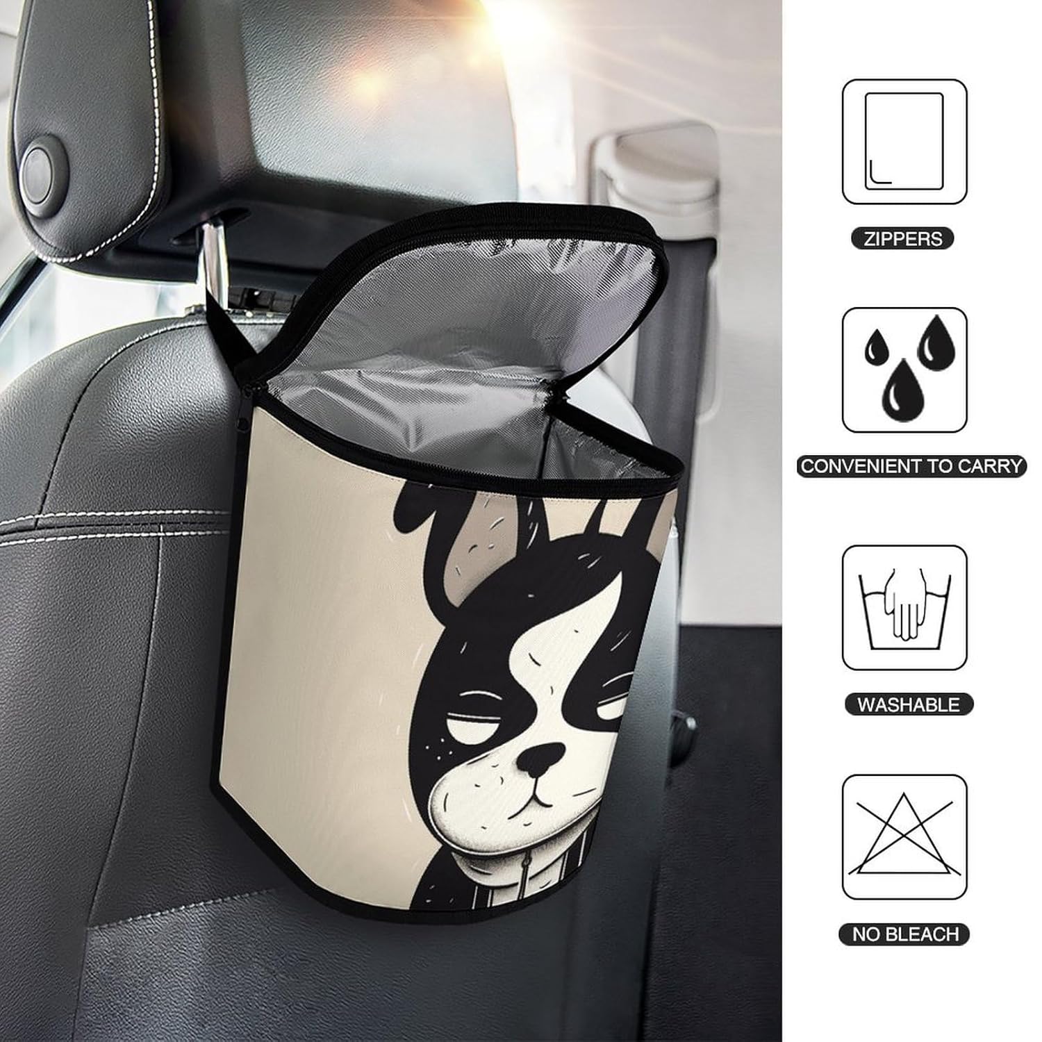 MUSM Leakproof Car Trash Can 2.5 Gallon, Durable Automotive Garbage Bag with Waterproof Liner, Simple Black and White Dog Trash Bag for Car, Truck, RV & Bathroom