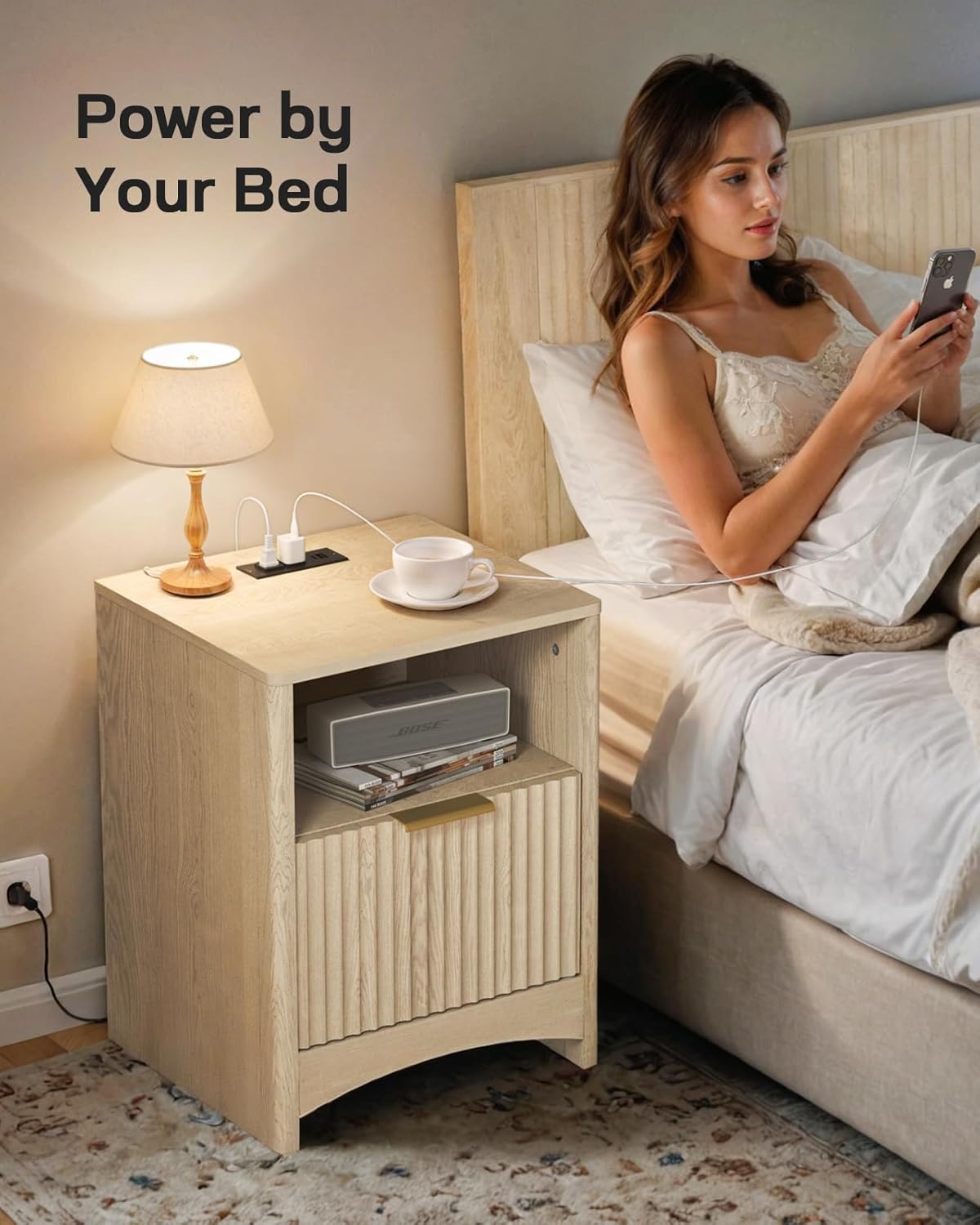 Marsail Fluted Nightstand with Charging Station, Adjustable Bedside Table with USB & AC Ports, 1 Drawer End Table, Wood Grain Finish, Sleek Wide Handle, Perfect for Bedroom, Natural Oak