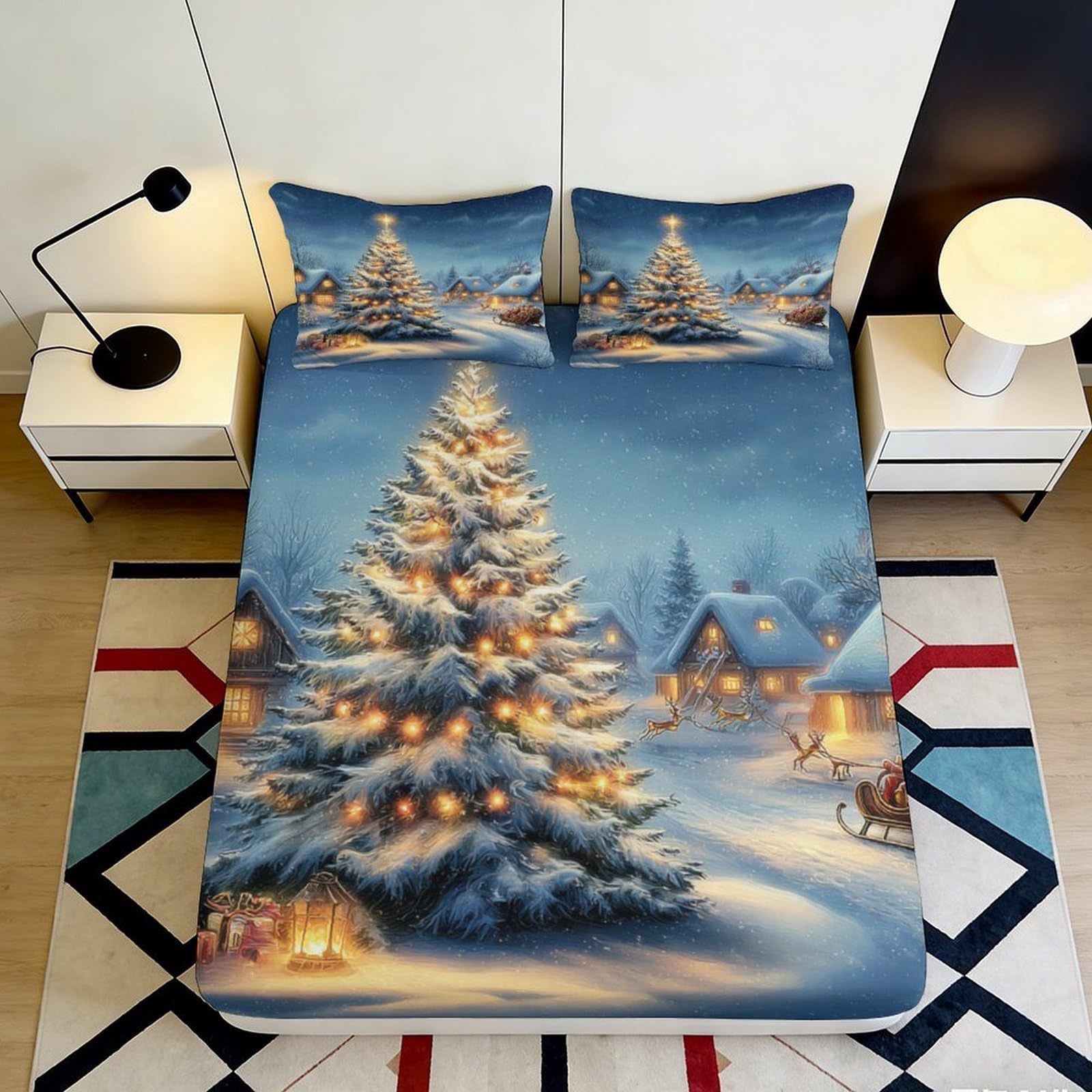 3D Printed Snowy Christmas Tree Fitted Sheet Microfiber Elastic Hem Bedroom Snow Scene Mattress Fitted Cover Washable 90x200x25cm
