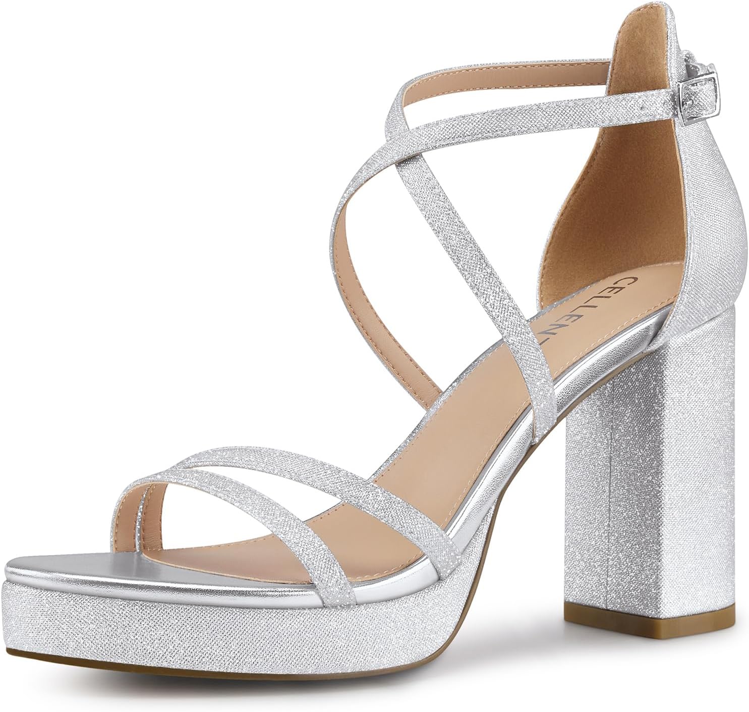 CELLENZ Women Strappy Platform Heels: 3.4 Inch Chunky Heeled Sandals, Comfortable Sexy Block High Heels, for Prom Party Bridal Wedding Black White Silver Nude Dressy Shoes