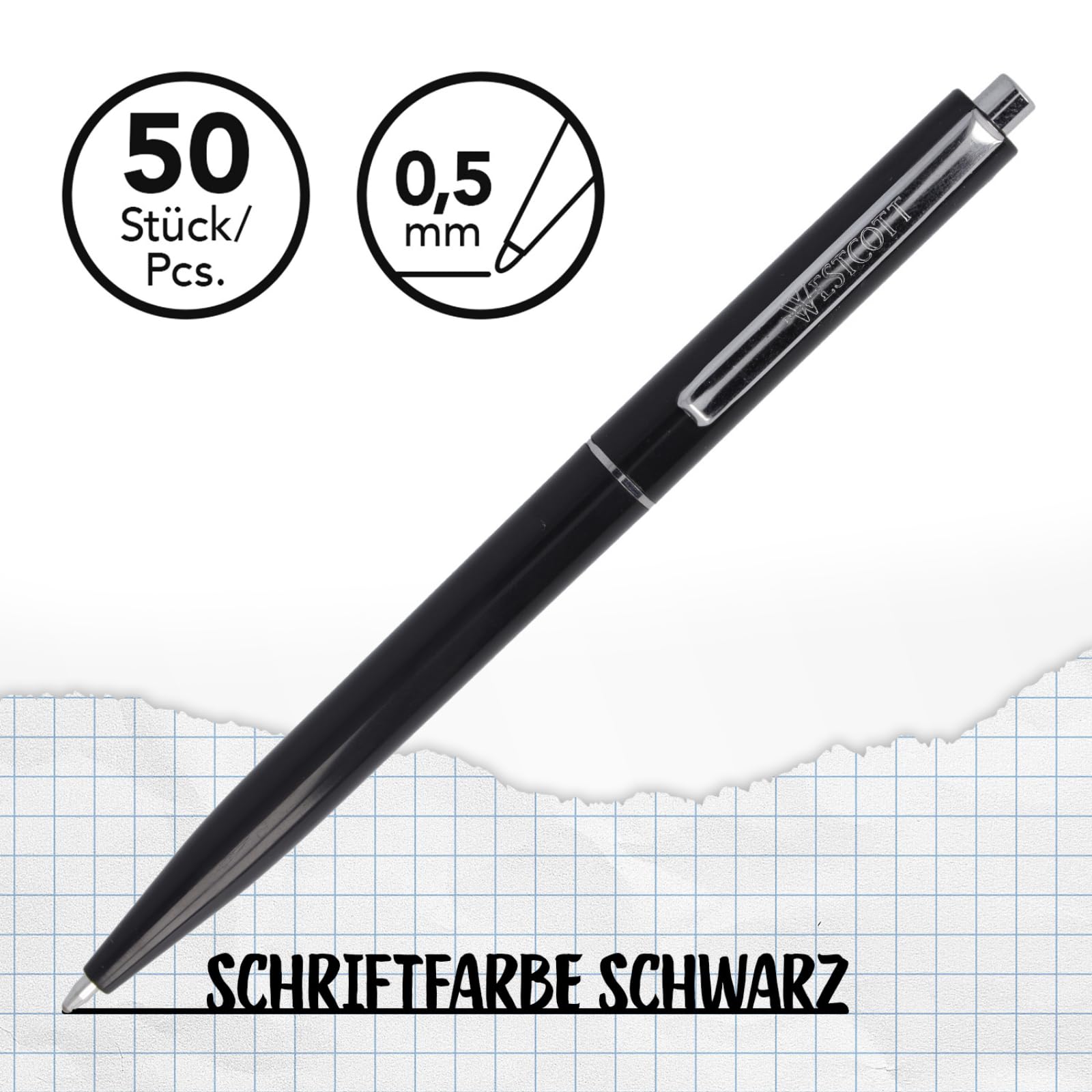 Westcott Kugelschreiber ALLTIME Schwarz 50 Stück (20er-Pack) | Großpackung Druckkugelschreiber, Schwarze Tinte | Strichstärke M, X20 | Dokumentenecht ISO 12757-2 | Stabiler Metallclip | E-737470 00