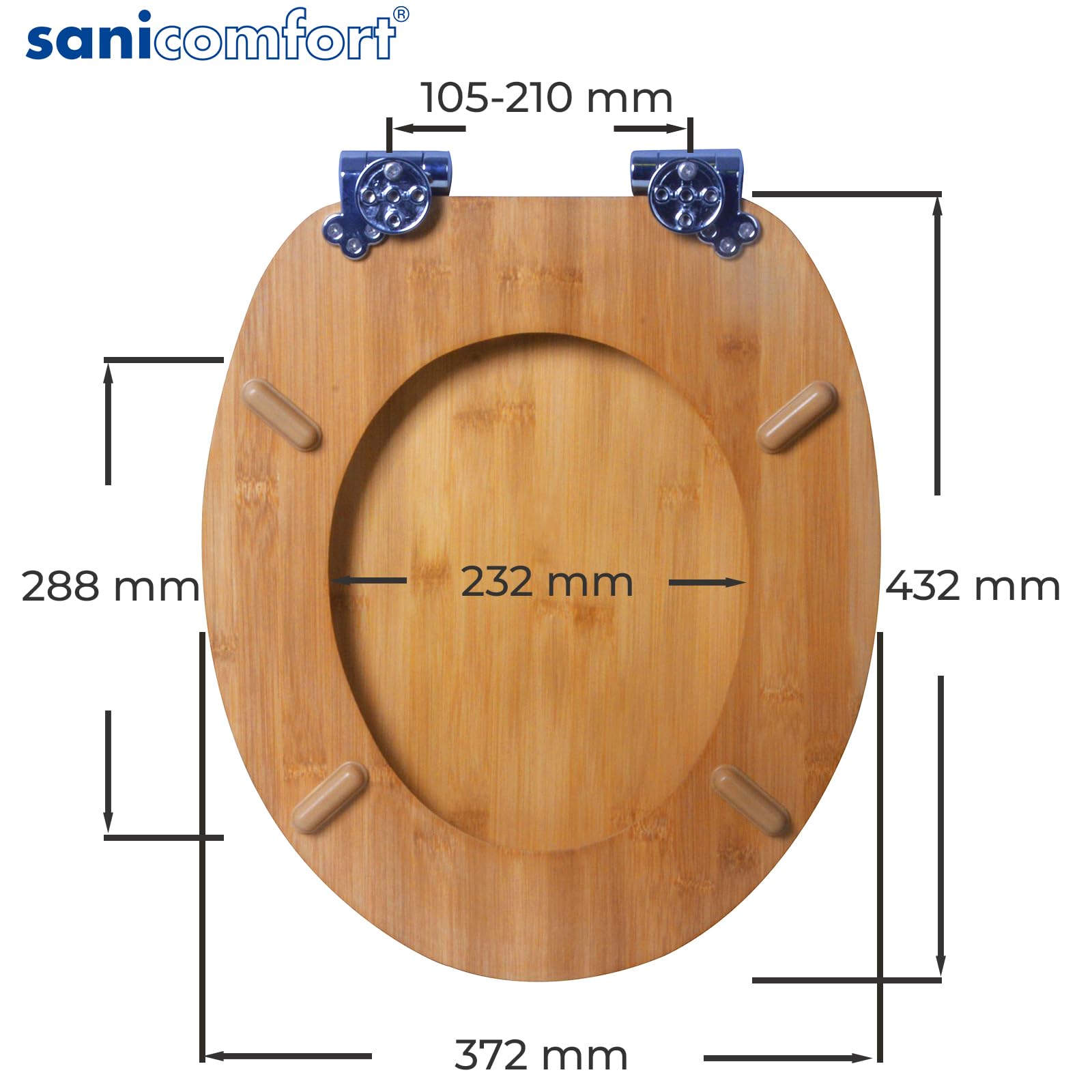 sanicomfort WC-Sitz Bambus mit Absenkautomatik | Toilettensitz aus Echtholz | Soft-Close | Antibakteriell, belastbar, oval, universell | Edelstahl-Scharniere – dark