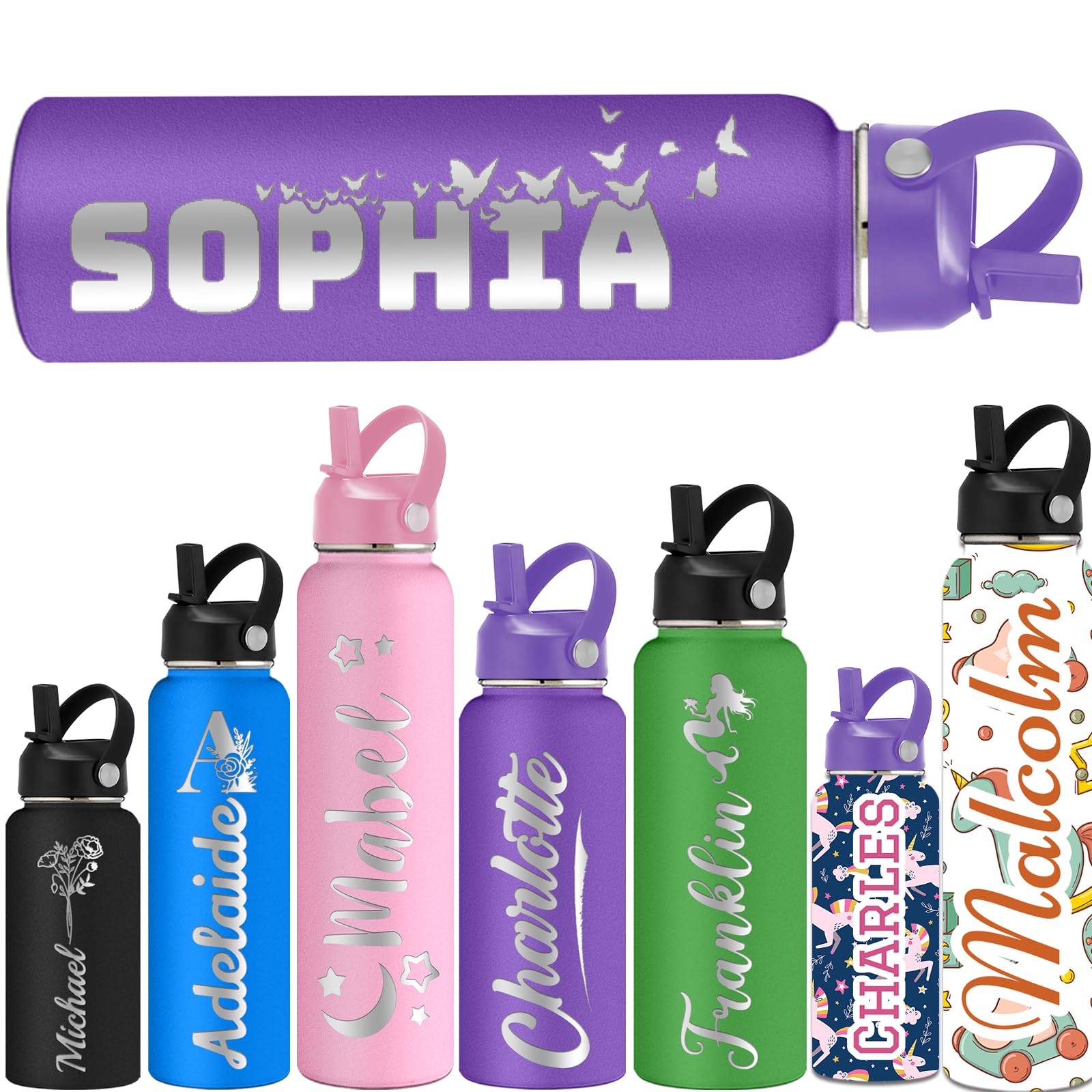 ShAxzHen Personalised Water Bottles for Kids with Straw Lid 40/32/24/18/12oz Custom Insulated Water Bottle Stainless Steel with Name Logo Customised Engraved Cups for School Sport Gym Name Purple