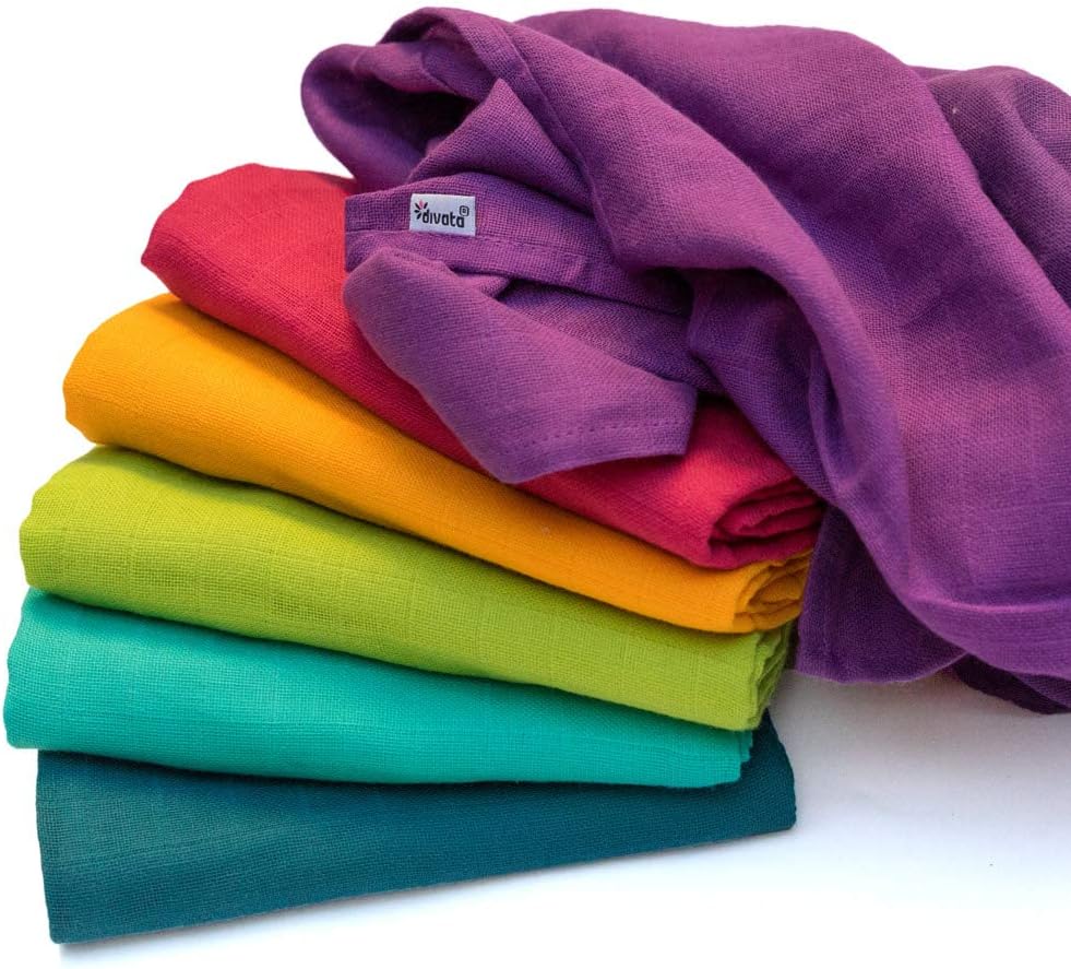 Coloured Baby Muslins, 80x80 cm | Supreme Quality | Bright, Soft, Colourful Muslin Cloths Squares by divata (6 Pack, Rainbow)