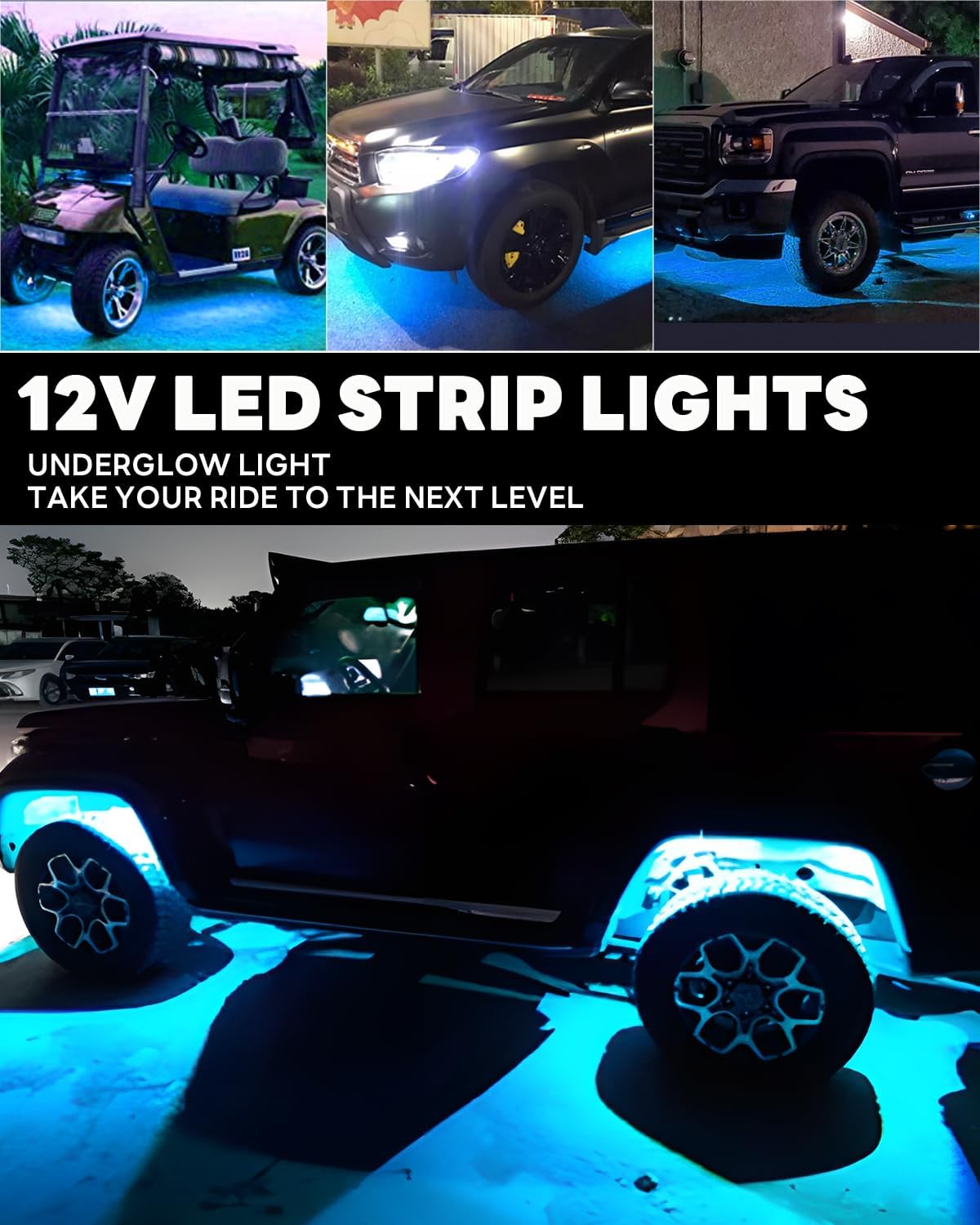 12V Led Light Strip Connectable 24Inch ICE Blue Led Strip Lights for Car Underglow Kit Golf Cart Motorcycle Boat Cabinet Waterproof Led Light Strip,4Pack
