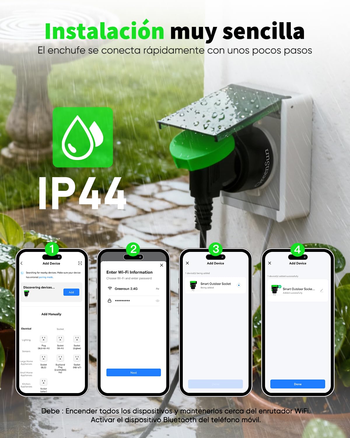 GreenSun Enchufe WiFi Exterior IP44 16A con Medidor y VeSync, 2 Uds | Control por app o voz, mide el consumo y programa horarios o temporizadores. Compatible con Alexa, VeSync y WiFi 2,4 GHz