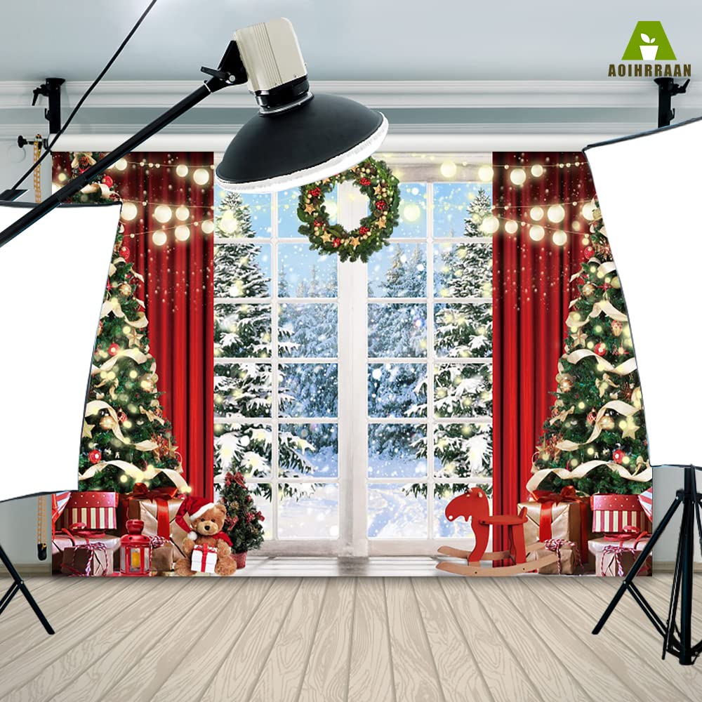 Aoihrraan 3x2,5m Noël Rebord De Fenêtre Photographie Toile De Fond Noël Arbre Couronne Rouge Rideau Cadeau Hiver Forêt Neige Vue Fond Nouveau Année Festival Famille Fête Portrait Photo Accessoires