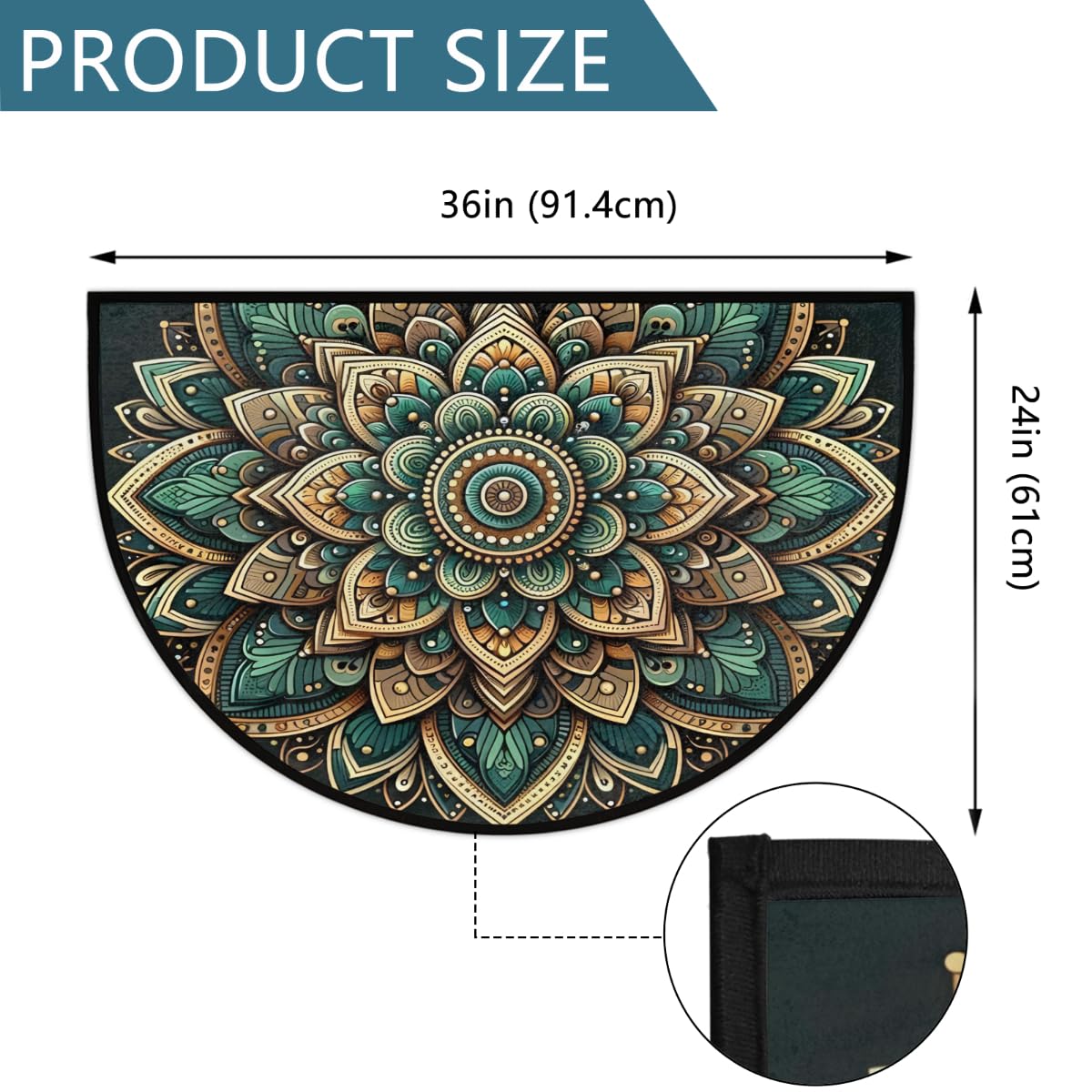 Felpudo semicircular Estilo Mandala Bohemio, Alfombra semicircular