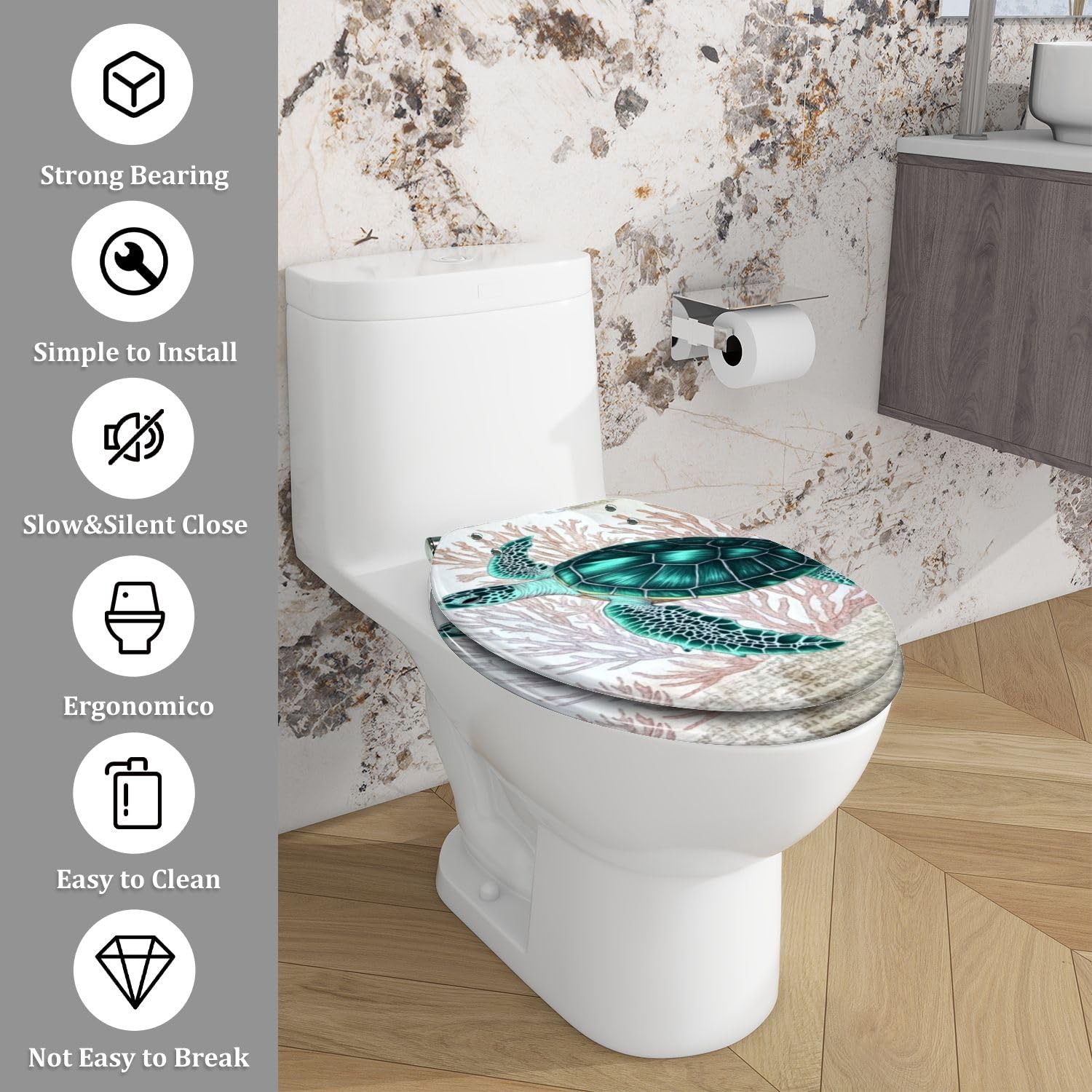 Elongated Toilet Seat Delicate Coral Drifting Sea Turtle Art Vintage Aesthetic Resin Toilet Seat Quietly Close Quick Release Hinges Decorative Toilet Seat with Cover Easy to Install