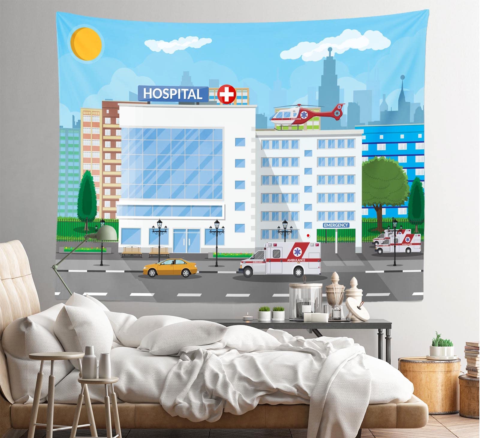 CORFOTO 300x250CM Hôpital Tapisserie Matériel médical hôpital bâtiment ambulance Tapisserie murale Décoration esthétique du salon, de la chambre et du dortoir Wall Hanging