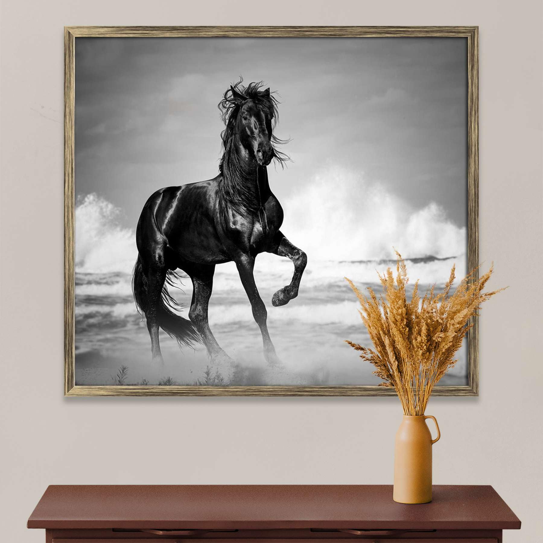 ArtzFolio Black Stallion by The Seaside in The Wild Canvas Painting Antique Golden Synthetic Frame 13.4inch x 12inch (34cms x 30.5cms)