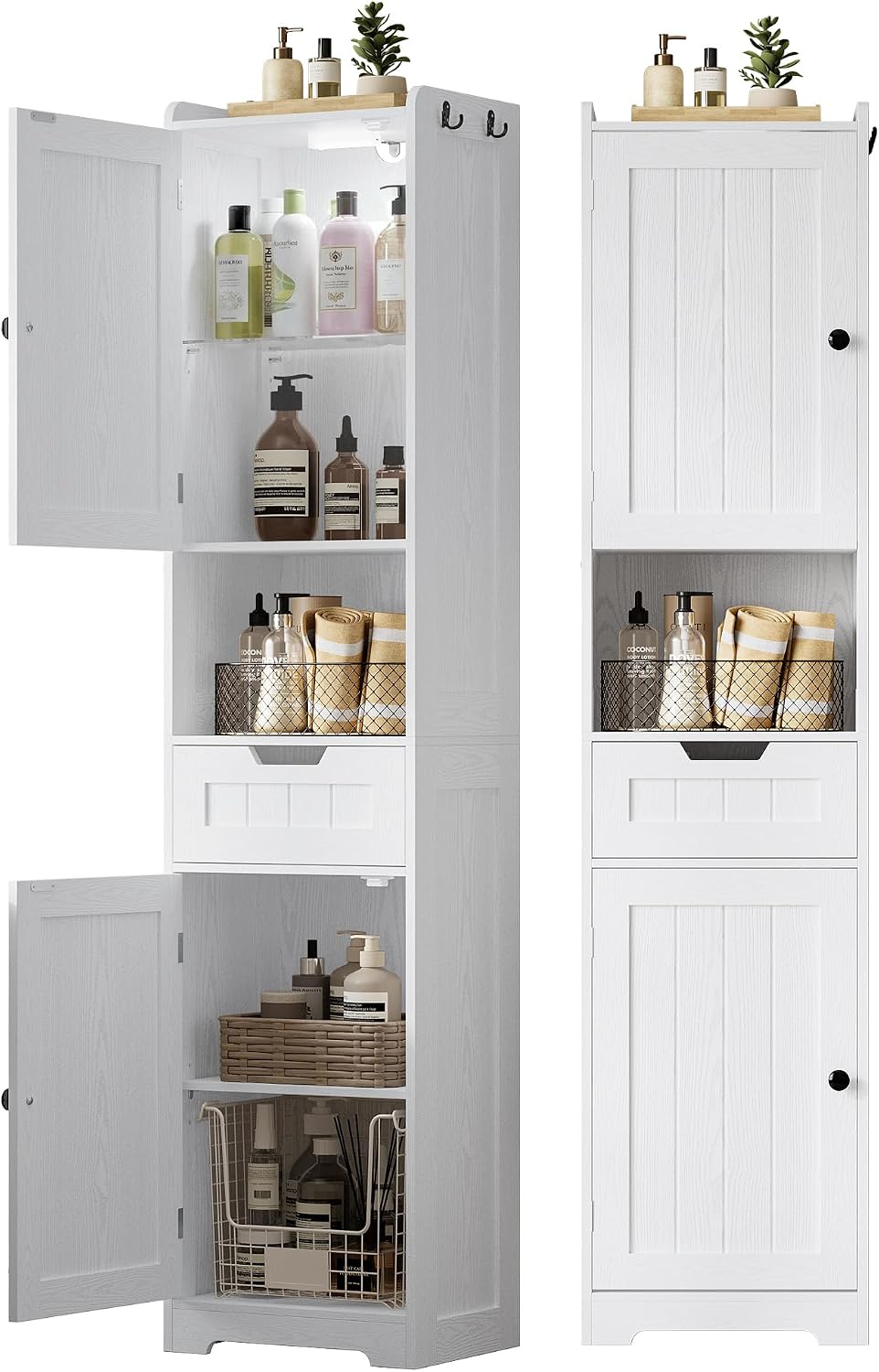 LIKIMIO Tall Bathroom Storage Cabinet with Lights, 2 Doors and 1 Drawer