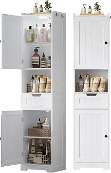 LIKIMIO Tall Bathroom Storage Cabinet with Lights, 2 Doors and 1 Drawer
