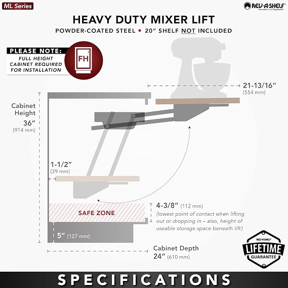 Rev-A-Shelf Heavy-Duty Stand Mixer Lift for Kitchen Base Cabinets, Zinc - Spring-Loaded Lifting System for Small Countertop Appliance Storage, Min Opening Width of 12, RAS-ML-HDCR