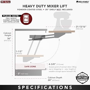 Rev-A-Shelf Heavy-Duty Stand Mixer Lift for Kitchen Base Cabinets, Zinc - Spring-Loaded Lifting System for Small Countertop Appliance Storage, Min Opening Width of 12, RAS-ML-HDCR