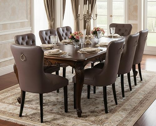 Miniatura 14 de EALSON Juego de 2 sillas de comedor modernas de cuero de mediados de siglo con patas de madera, sillas laterales de cocina tapizadas con ribete de