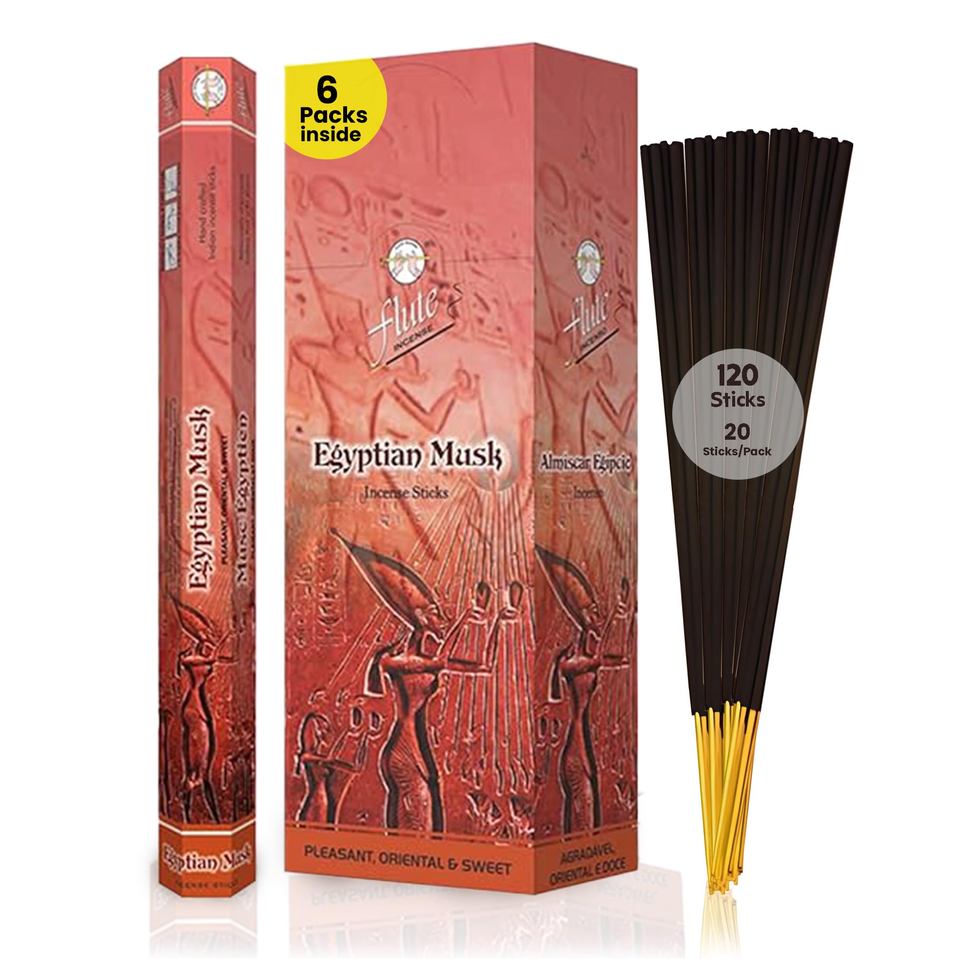 Flute Egyptian Musk Incense Sticks – Ancient Egyptian Aroma for Relaxation, Rejuvenation & Stress Relief – 20 Agarbathi/Pack, 6 Packs/Box (9 Inch - 120 Agarbatti) | 40 Minutes Burning Time