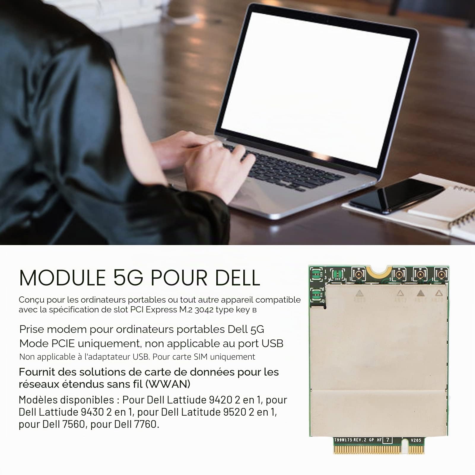 Vikye Module Réseau 5G, Fournit WWAN, 5GNR, LTE, UMTS, Plug and Play DW5930E T99W175 PCI Express M.2 5G Module Réseau sans Fil pour Ordinateur Portable Dell