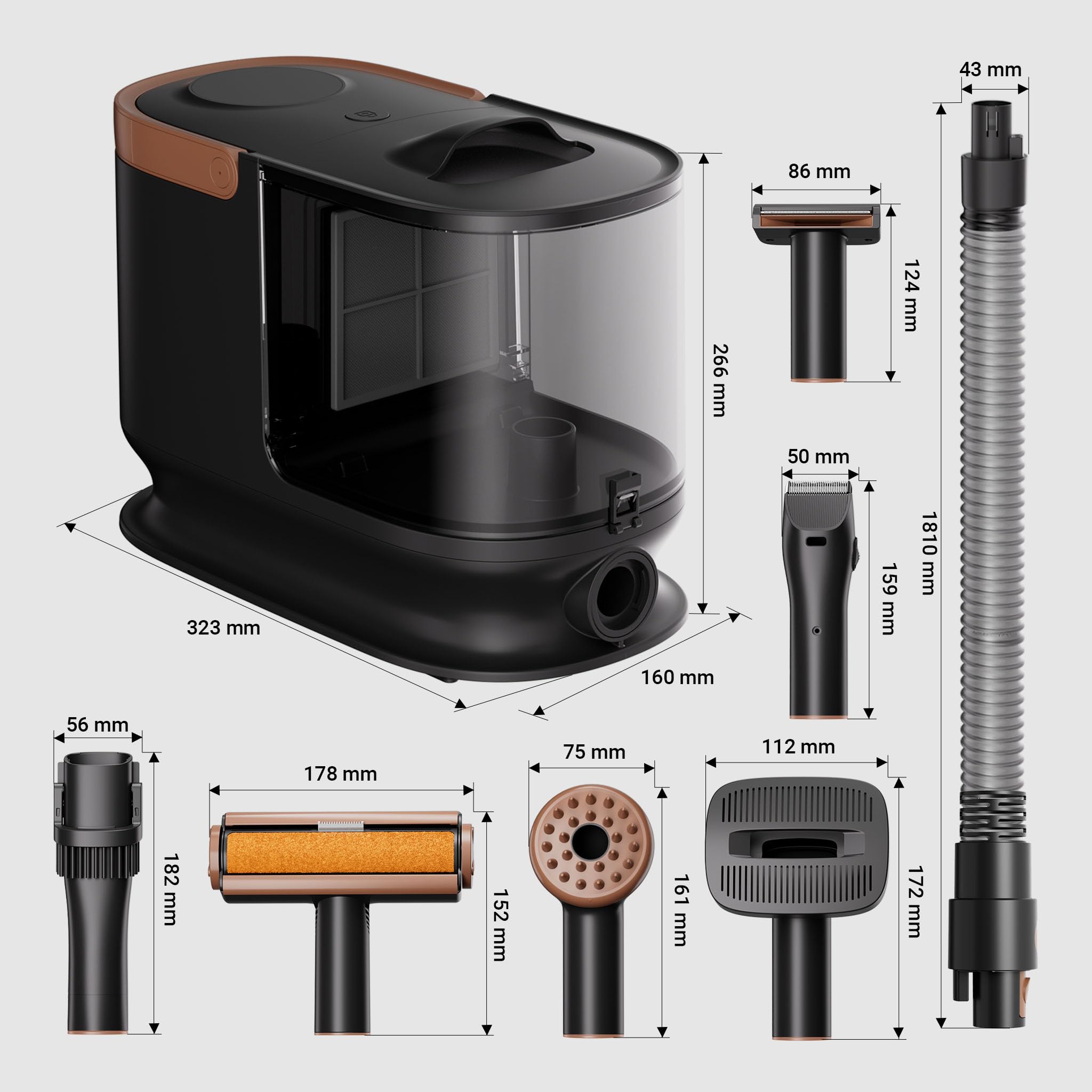 Fudajo Tondeuse pour chien avec aspirateur à poils d’animaux, 323 x 168 x 264 mm, 6 outils de toilettage pour animaux, boîte à poussière 2,5 L, tondeuse-aspirateur noire