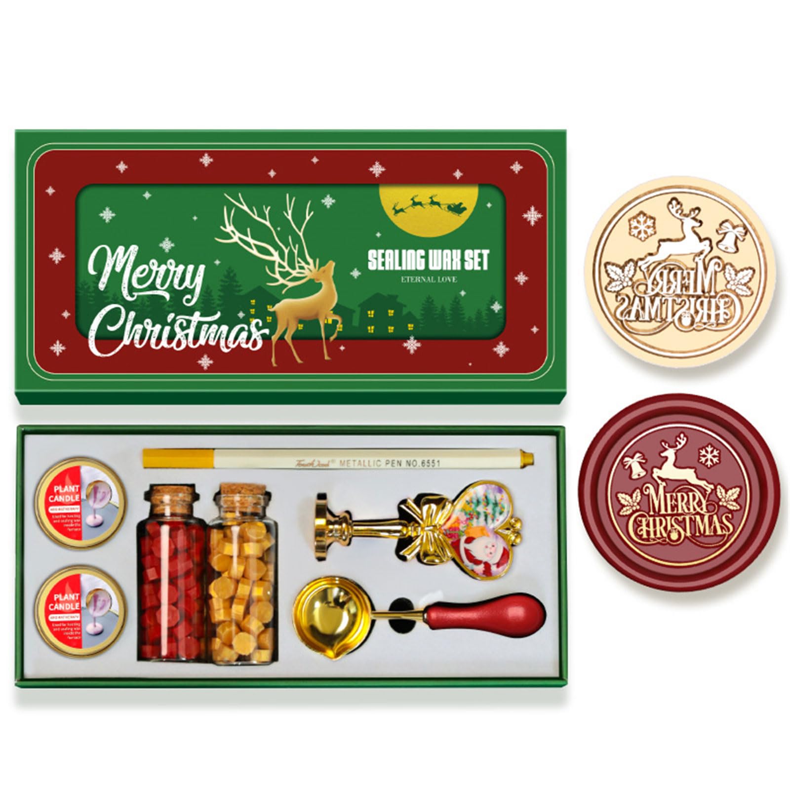 Elnwnnkc Christmas Themed Seal Stamp Set with Melting Spoon, Seal Stamp Beads, Metallic Pen for Envelope, Invitation Embellishment