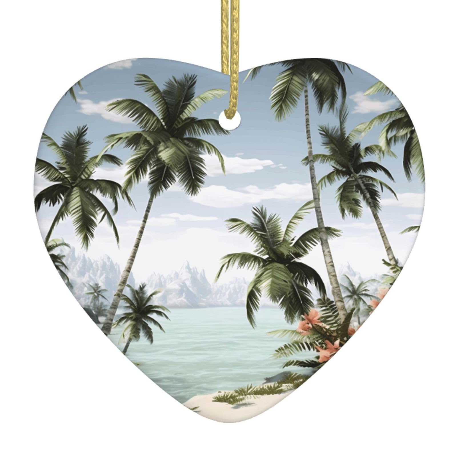 Ceramic Christmas Tree Hanging Ornaments with Gold Ropes Christmas Tree Decorations Heart Ceramic Tropical Palm Trees Pendant Keepsake Decorations for Holiday Xmas Gift Ideas