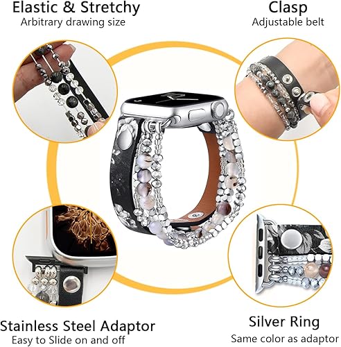 Miniatura 3 de Pulsera de cuentas de piedra compatible con Apple Watch Band 1.496 in 1.575 in 1.614 in Series 87SE654321 para mujeres y niñas, correa de cuero