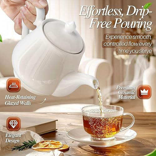 Miniatura 3 de Flexzion Tetera de porcelana, tetera de cerámica con tapa, tetera personal para 2 a 3 tazas de té, tetera de cerámica blanca pura de 24 onzas, horno