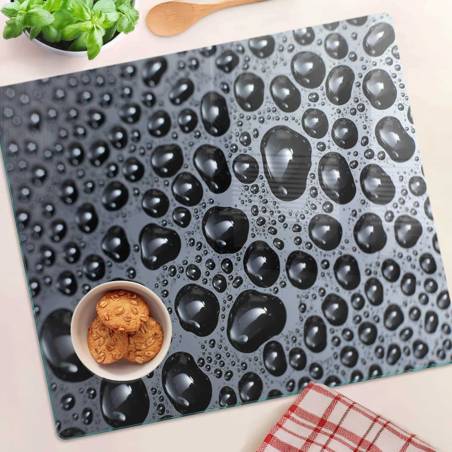 Planche à Découper pour la Cuisine 60x52 cm Avec Impression Décoration Résistant à la Chaleur Modernité Symétrique Contact Alimentaire Bords Polis Pieds Antidérapants - Gouttes d'eau