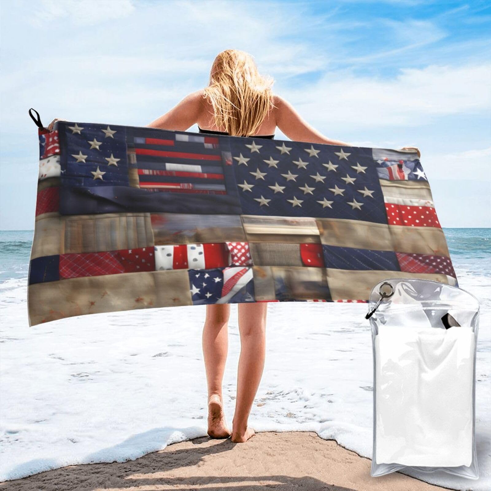 NImongt American Flag Patchwork Print Adult Towel Travel Gym Beach Hiking Yoga Camping Lightweight Quick Dry Versatile