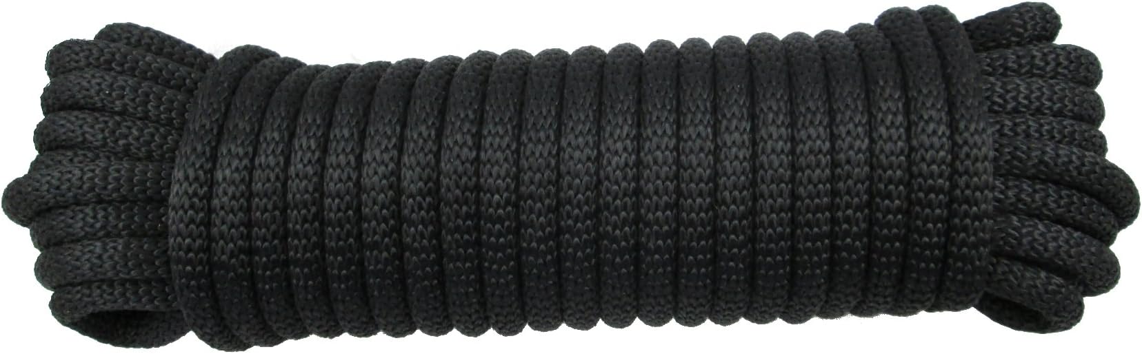 3/8 inch Black Dacron Polyester Rope - 50 Foot | Solid Braid - Industrial Grade - High UV and Abrasion Resistance - Low Stretch