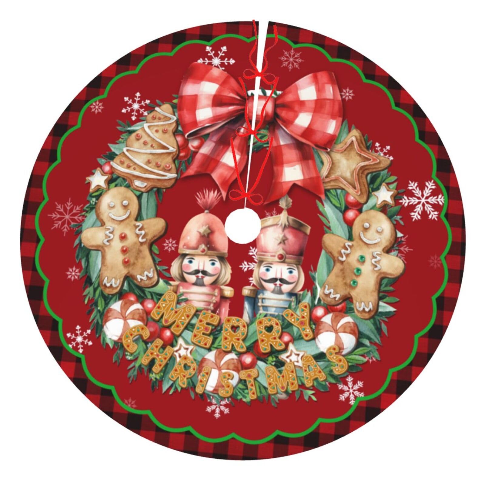 Fzbali 48 Inch Christmas Tree Skirt – Red & Green Plaid With Gingerbread & Candy Design, Lace-Up, Polyester