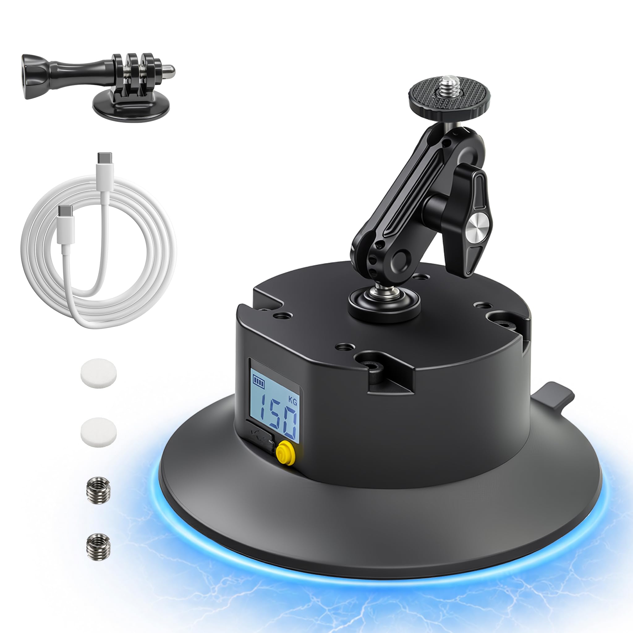 Elektrische Kamera Halterung mit Saugnapf und Aluminium Magic Arm | Kamera Saugnapfhalterung mit Kugelkopf Magic Arm,1/4″Schraube,2000 mAh,Auto-Nachsauge,Typ-C,Auto Halterung für Action-Kameras