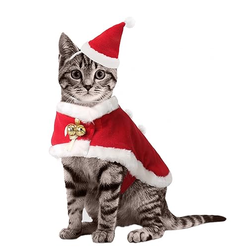 Enjoying Cat Christmas Costume, Pet Santa Hat with Xmas Clothes for Cats Small Dogs Rabbits, Cat Santa Hat and Red Warm Cloak Coat, New Year Puppy Red Clothes Outfit, Adjustable - Christmas Costume