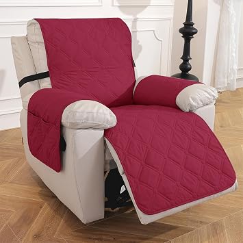 Waterproof Recliner Cover, Non-Slip Recliner Chair Cover with Pockets & Elastic Straps, Washable Quilted Armchair Sofa Cover for Kids Pets Dogs (Red)